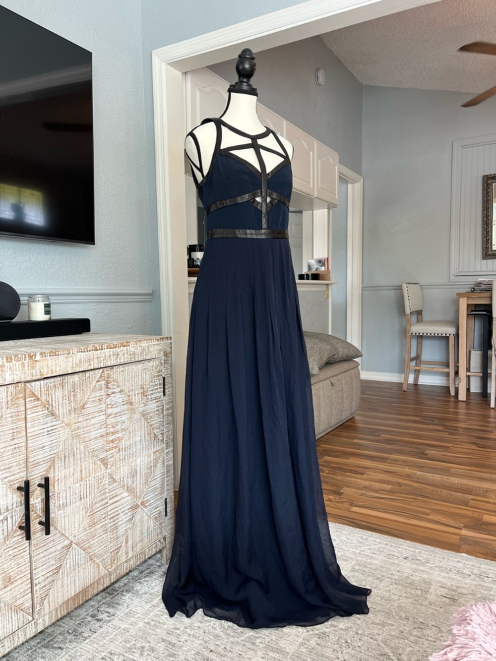 Rebecca Taylor Navy silk & leather Maxi Dress Strappy Geometric Bodice size 8